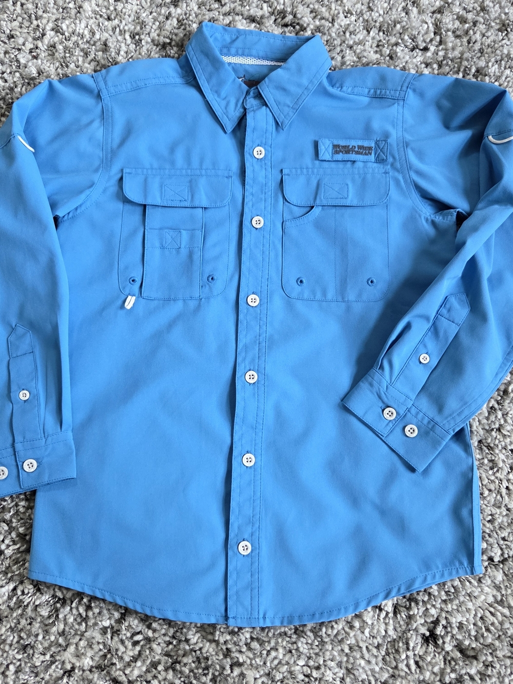 World Wide Sportsman Boys Blue Fishing Shirt Youth Small Breathable Pockets